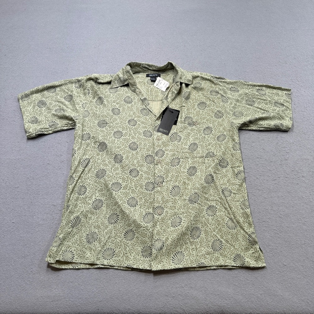 NEW Bruno Button Up Shirt Mens Large Green‎ Floral Tropical Rayon Short Sleeve
